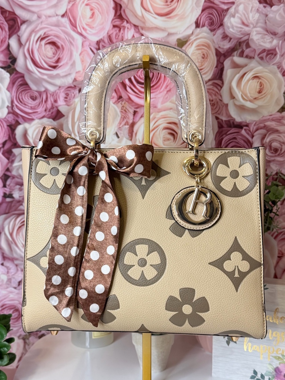 Designer-Inspired Beige Floral Monogram Satchel with Matching Wallet